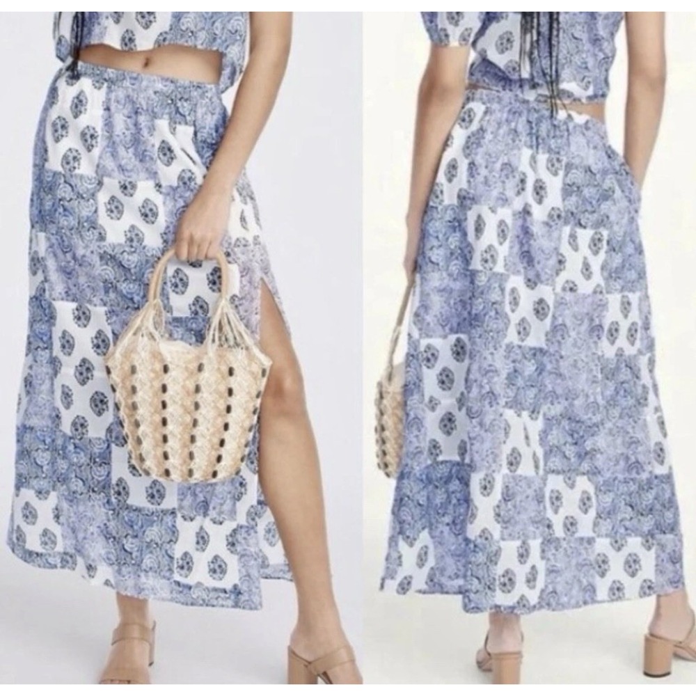 J Crew Maxi Skirt Blue White Paisley Floral Patchwork Sz L Boho Romantic Beach